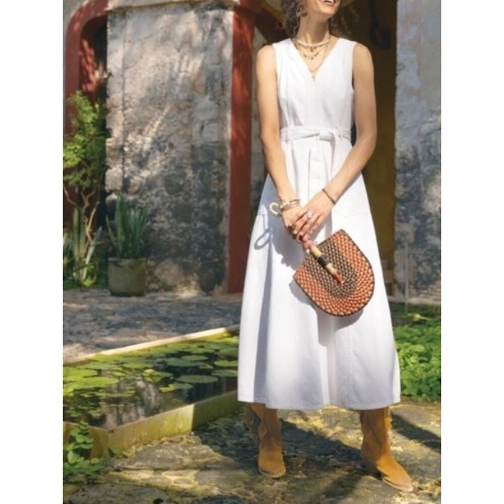 Sundance Poppy Denim Midi Dress Belted A-Line Pockets Boho, White, Size 12, NWOT